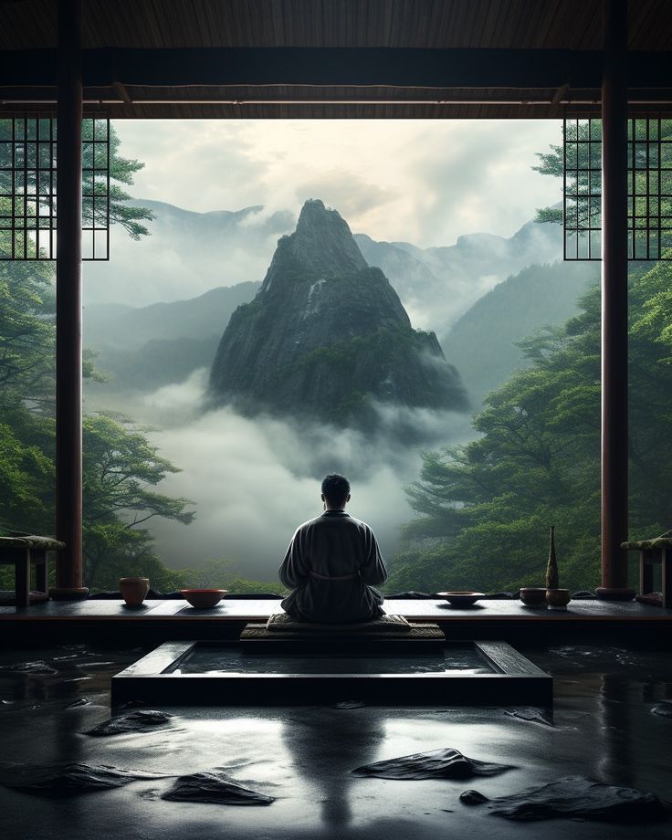 A person sits peacefully, meditating in a traditional Japanese room. The room opens to a stunning view of a misty mountain peak surrounded by lush green foliage, with soft light filtering through trees, creating a serene atmosphere.